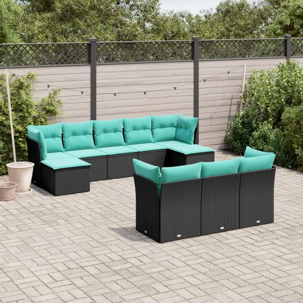 Salon de jardin 10 pcs avec coussins noir résine tressée