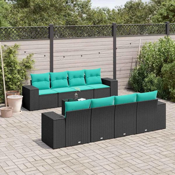 Ensemble de canapé de jardin 9 pcs avec coussins noir résine tressée