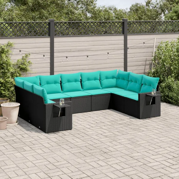 Salon de jardin 9 pcs avec coussins noir résine tressée
