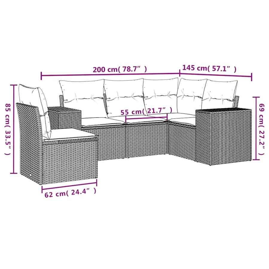 Salon de jardin 5 pcs avec coussins noir résine tressée - 7