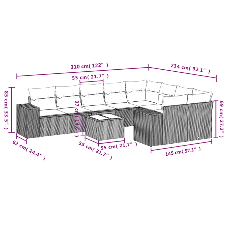 Ensemble de canapé de jardin 10 pcs avec coussins noir résine tressée - 8