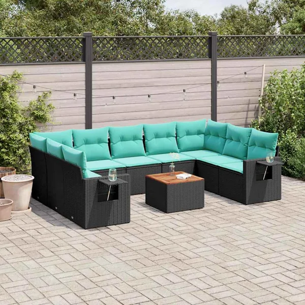 Ensemble de canapé de jardin 10 pcs avec coussins noir résine tressée