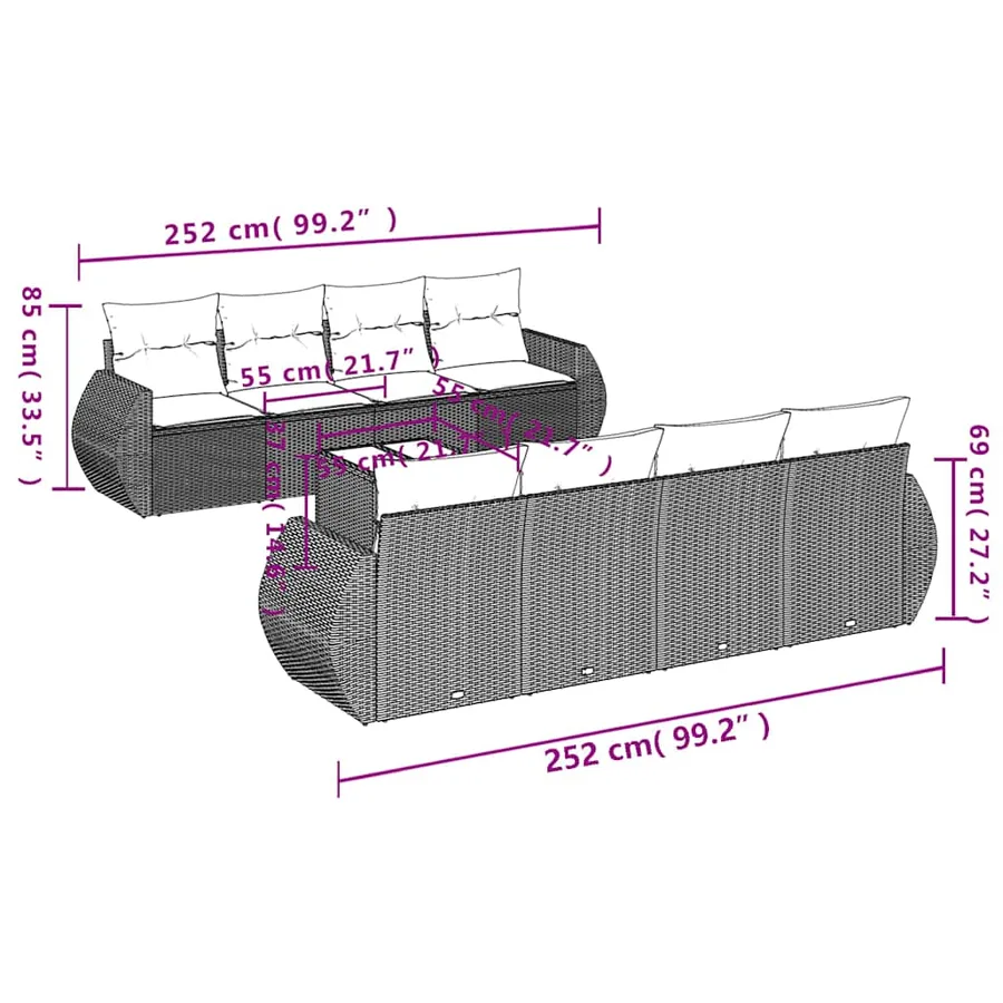 Ensemble de canapé de jardin 9 pcs avec coussins noir résine tressée - 8