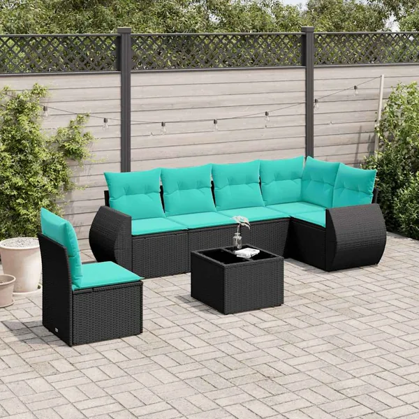 Ensemble de canapé de jardin 7 pcs avec coussins noir résine tressée