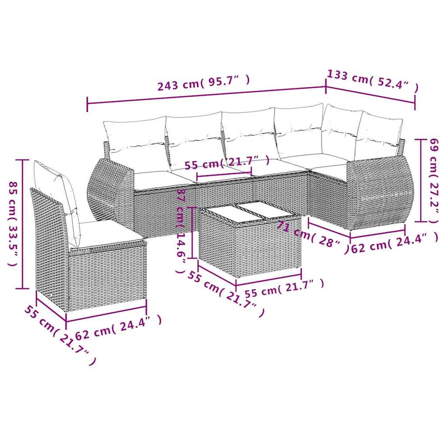 Ensemble de canapé de jardin 7 pcs avec coussins noir résine tressée - 8