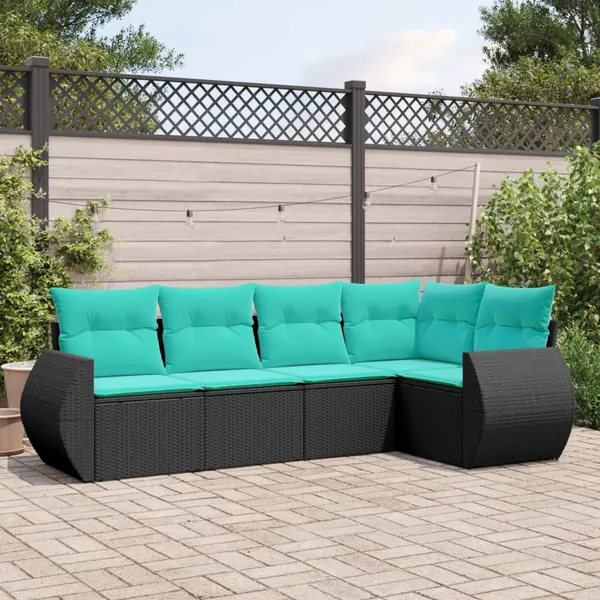 Salon de jardin 5 pcs avec coussins noir résine tressée