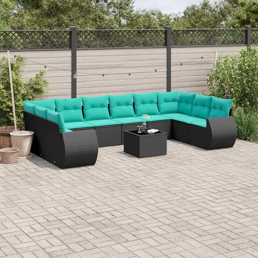 Ensemble de canapé de jardin 11 pcs avec coussins noir résine tressée