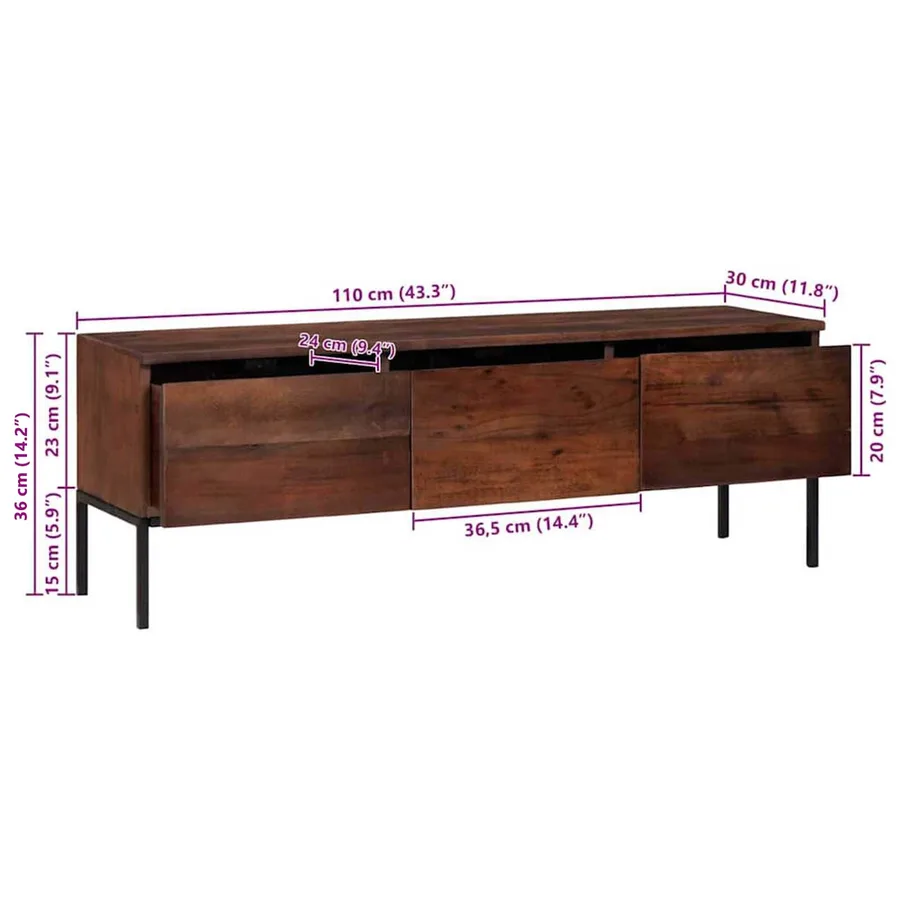 Meuble TV marron miel 110 x 30 x 36 cm Bois d'acacia massif - 12