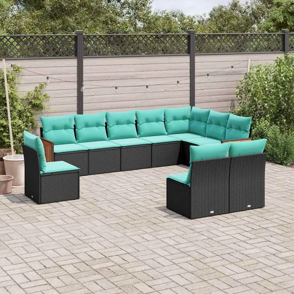 Salon de jardin 10 pcs avec coussins noir résine tressée