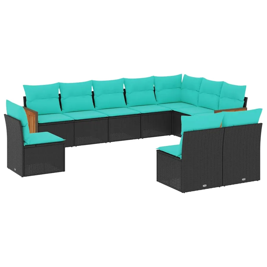 Salon de jardin 10 pcs avec coussins noir résine tressée - 2