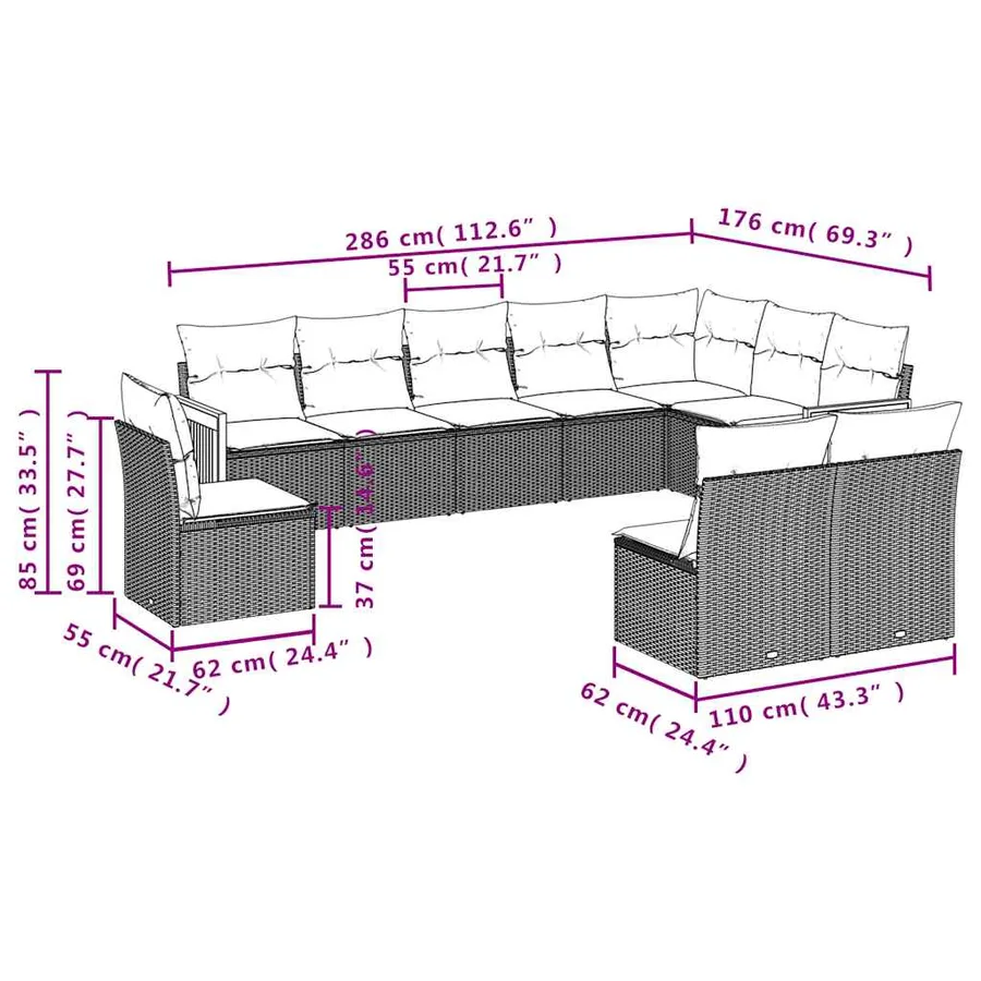 Salon de jardin 10 pcs avec coussins noir résine tressée - 7