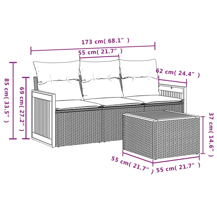 Ensemble de canapé de jardin 4 pcs avec coussins noir résine tressée - 7