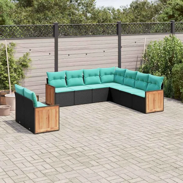 Salon de jardin 9 pcs avec coussins noir résine tressée
