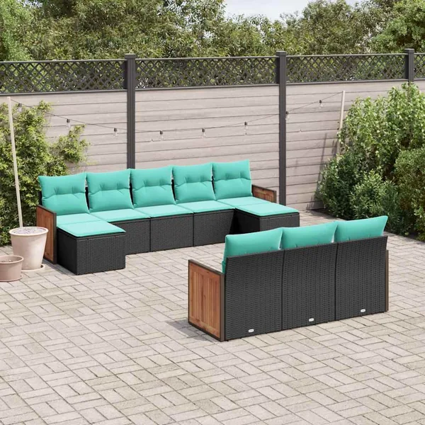 Salon de jardin 10 pcs avec coussins noir résine tressée