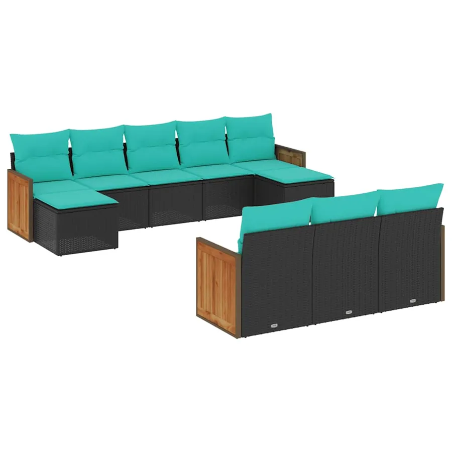 Salon de jardin 10 pcs avec coussins noir résine tressée - 2
