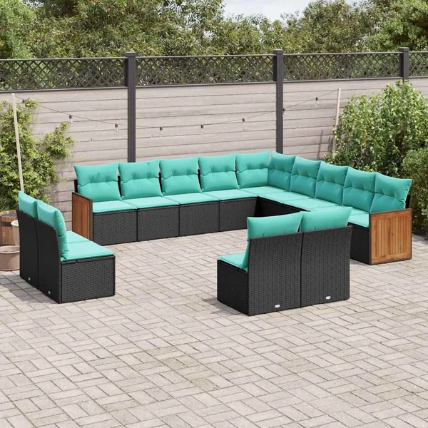 Salon de jardin avec coussins 13 pcs noir résine tressée
