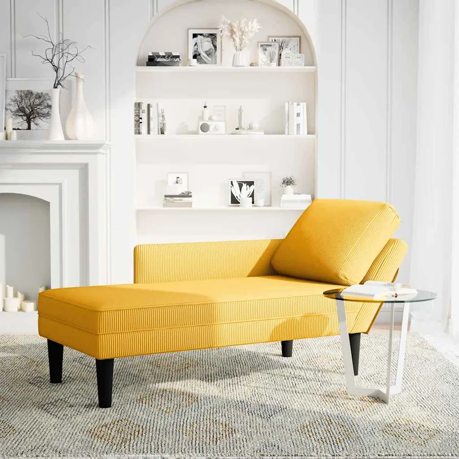 Chaise longue avec coussin jaune clair tissu en velours côtelé - 2