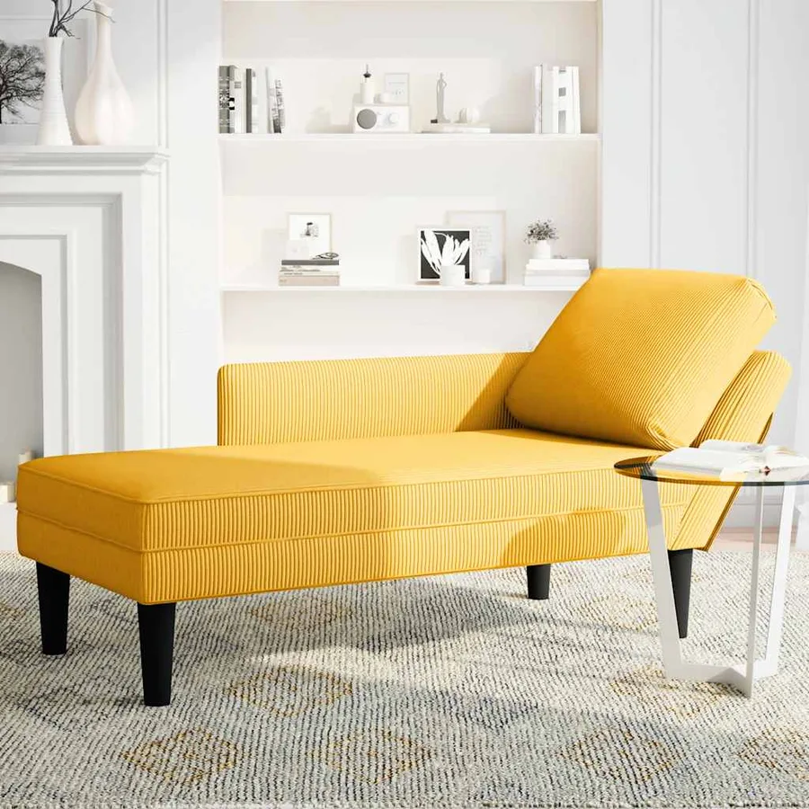 Chaise longue avec coussin jaune clair tissu en velours côtelé - 3
