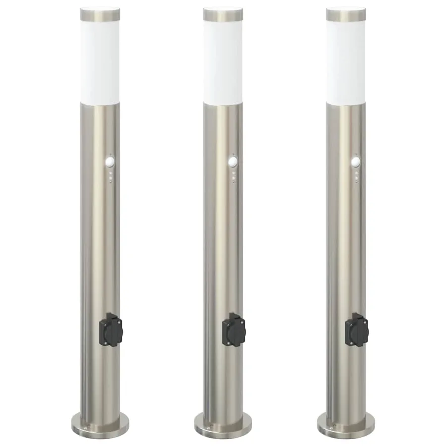 Bornes lumineuses avec détecteur et prise lot de 3 80 cm acier inoxydable IP44 - 2