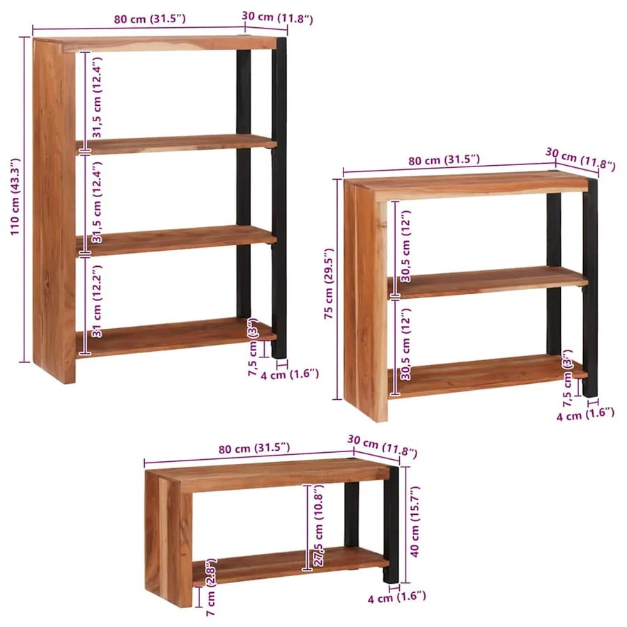 Étagère 3 pcs Marron 80 x 30 x 110 cm Bois d'Acacia Massif - 12
