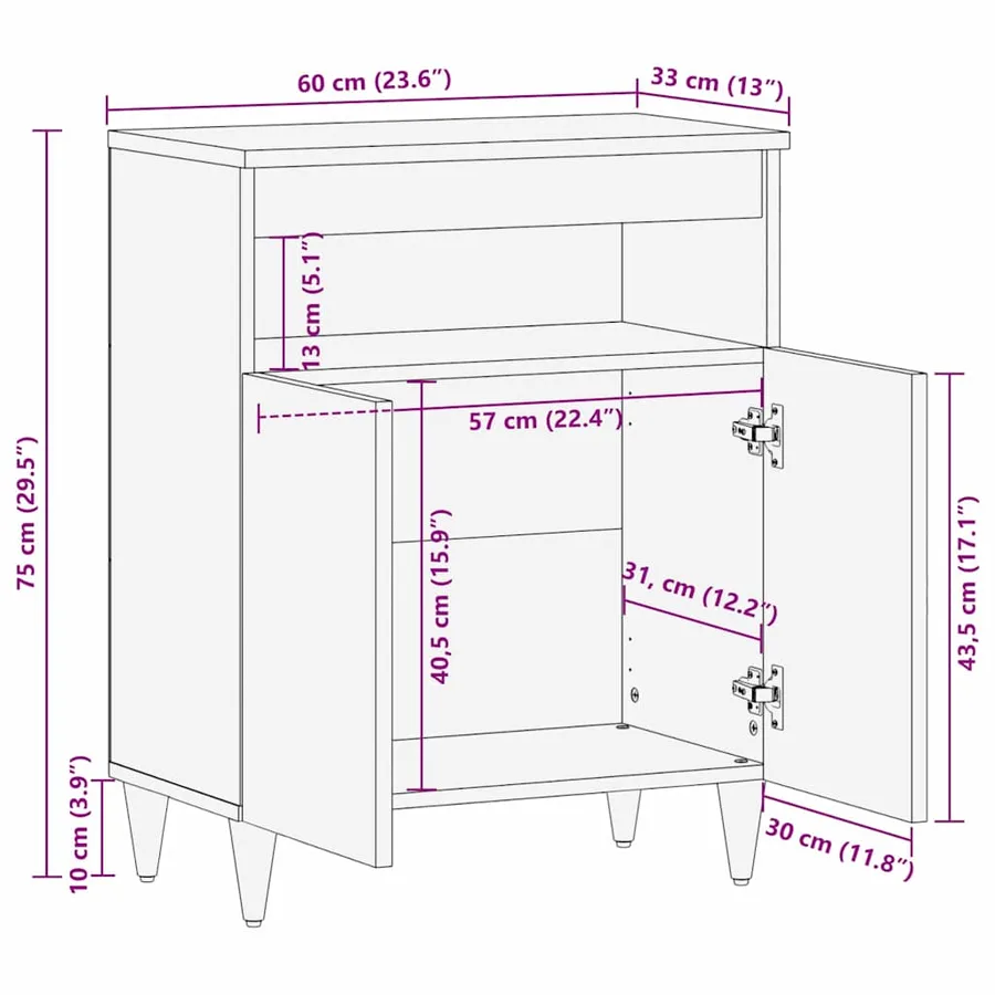 Buffet avec porte Marron 60 x 33 x 75 cm Bois de mangue massif - 11