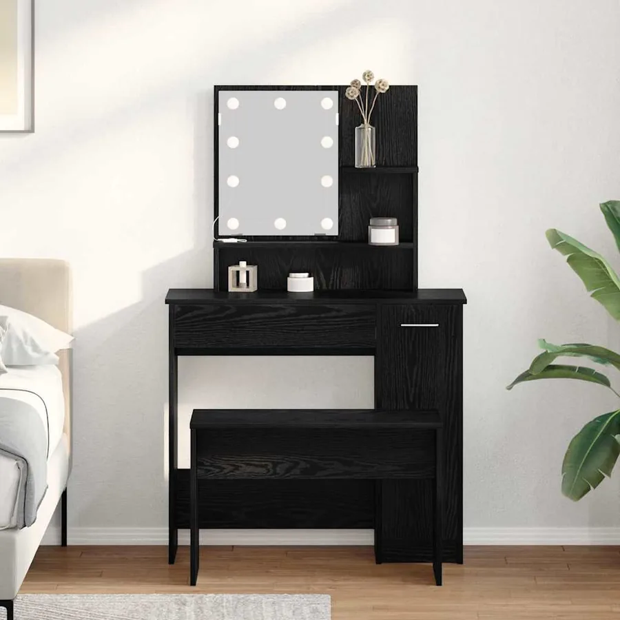Ensemble de table de maquillage LED avec porte 2 pcs Chêne noir