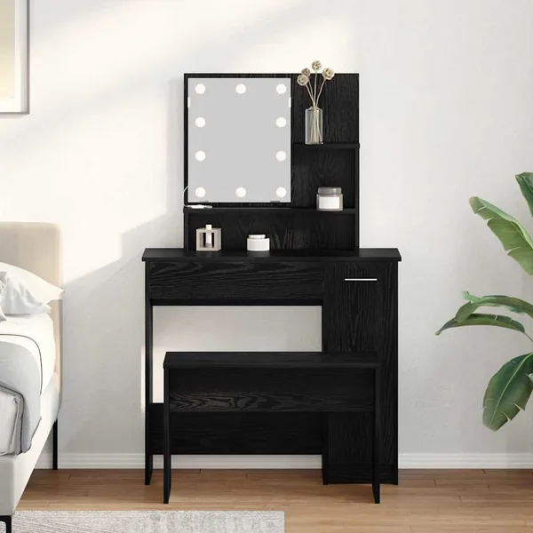 Ensemble de table de maquillage LED avec porte 2 pcs Chêne noir