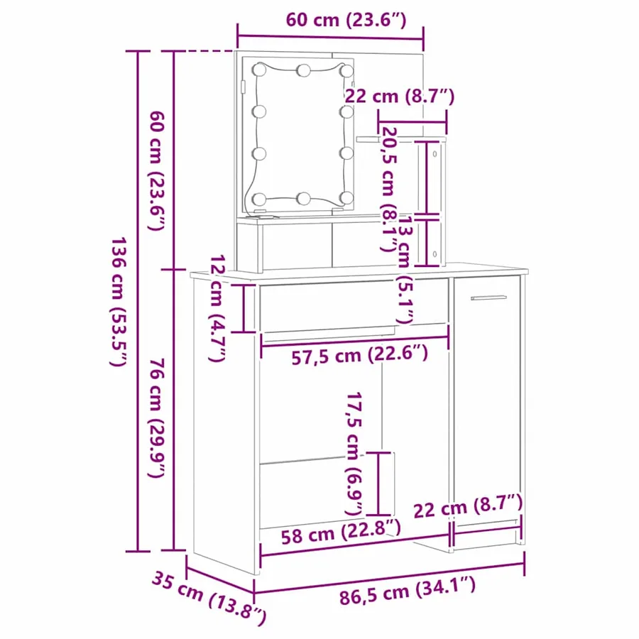 Ensemble de table de maquillage LED avec porte 2 pcs Chêne noir - 18