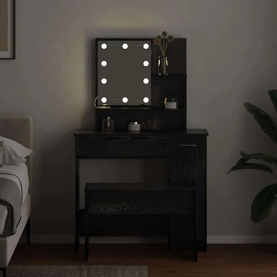 Ensemble de table de maquillage LED avec porte 2 pcs Chêne noir - 4
