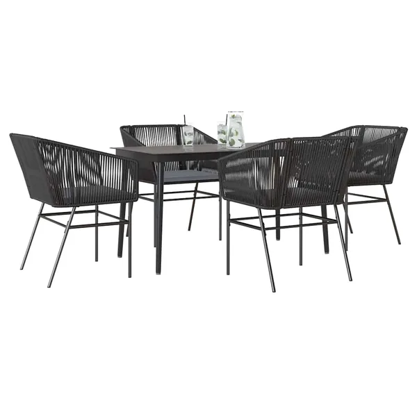 Ensemble à manger de jardin et coussins 5 pcs noir rotin verre
