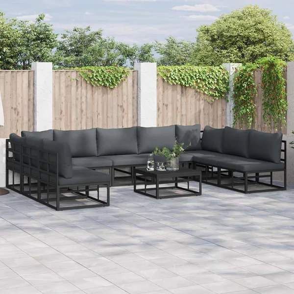 Ensemble de canapé de jardin avec coussin 10 pcs Noir Aluminium