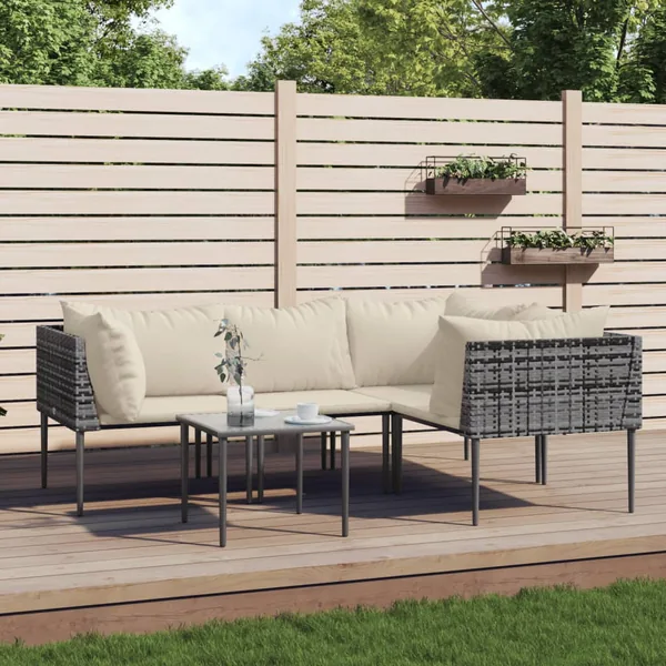 Salon de jardin 5 pcs avec coussins Gris Résine tressée