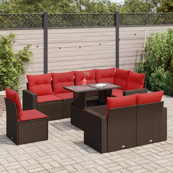 Salon de jardin avec coussins 9pcs marron résine tressée acacia