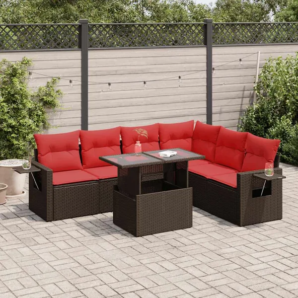 Salon de jardin avec coussins 7 pcs marron résine tressée acacia