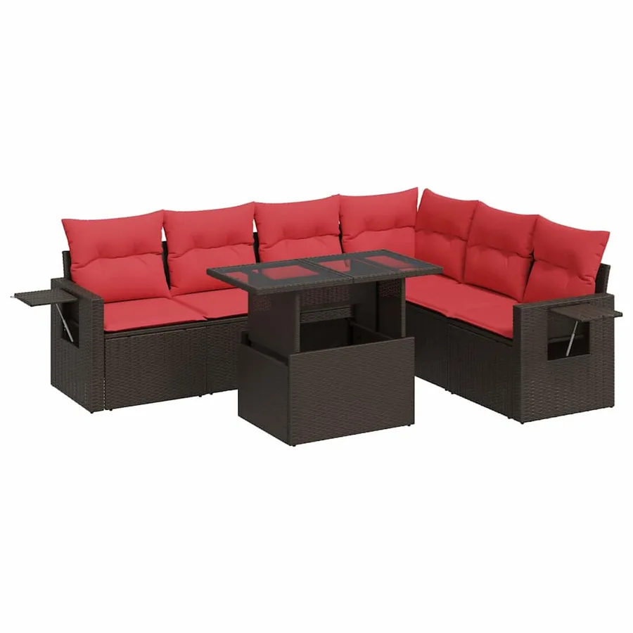 Salon de jardin avec coussins 7 pcs marron résine tressée acacia - 2