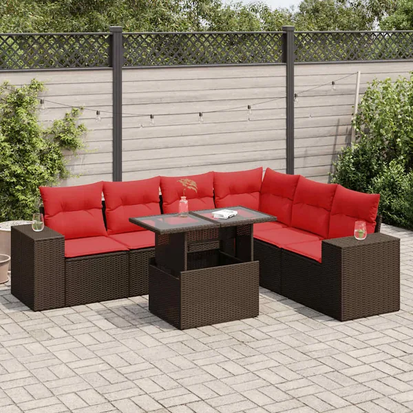Salon de jardin et coussins 7 pcs marron résine tressée acacia