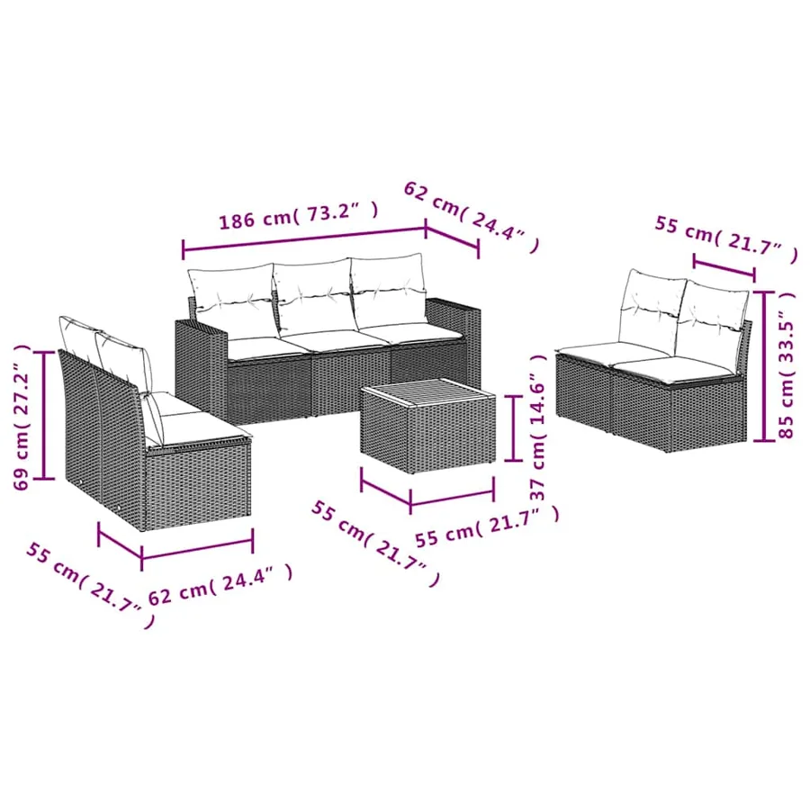 Salon de jardin 8 pcs avec coussins gris résine tressée - 10