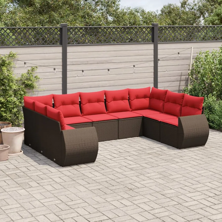 Ensemble de canapé de jardin 9 pcs avec coussins marron résine tressée