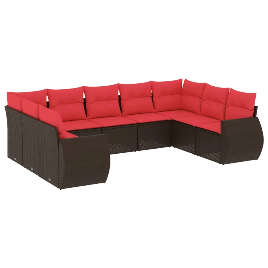 Ensemble de canapé de jardin 9 pcs avec coussins marron résine tressée - 2