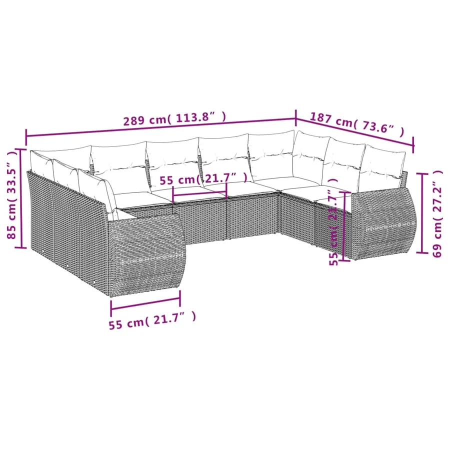 Ensemble de canapé de jardin 9 pcs avec coussins marron résine tressée - 7