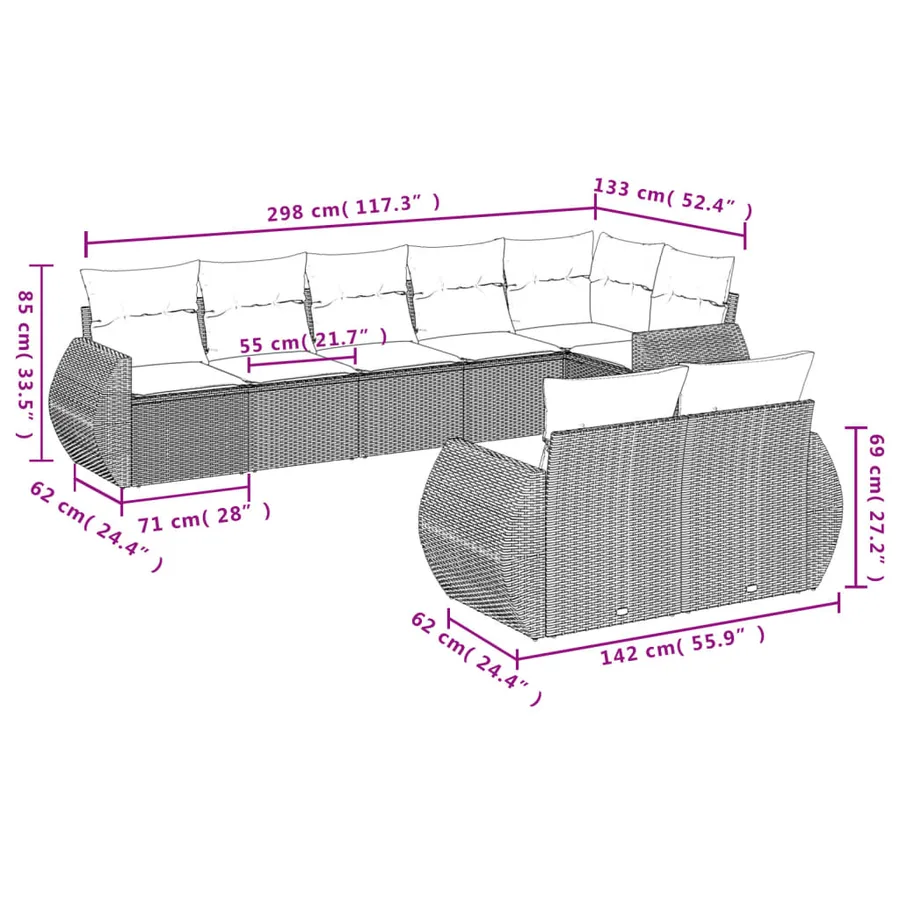 Ensemble de canapé de jardin 8 pcs avec coussins marron résine tressée - 7