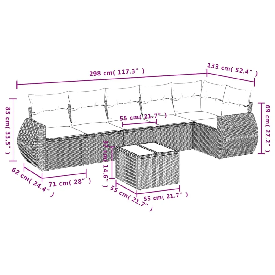 Ensemble de canapé de jardin 7 pcs avec coussins marron résine tressée - 8