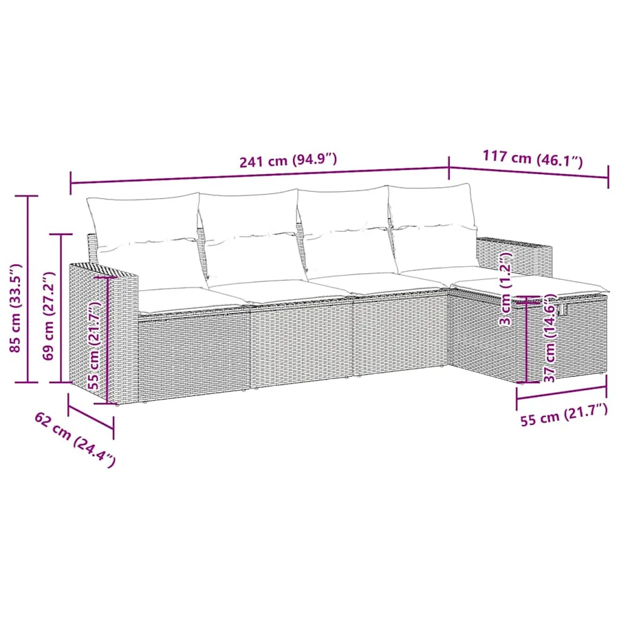 Salon de jardin 5 pcs avec coussins gris résine tressée - 12