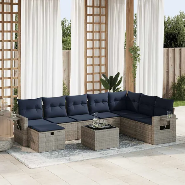 Salon de jardin 9 pcs avec coussins gris résine tressée
