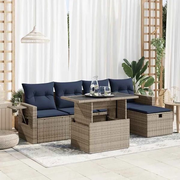 Salon de jardin avec coussins 6pcs gris résine tressée acacia
