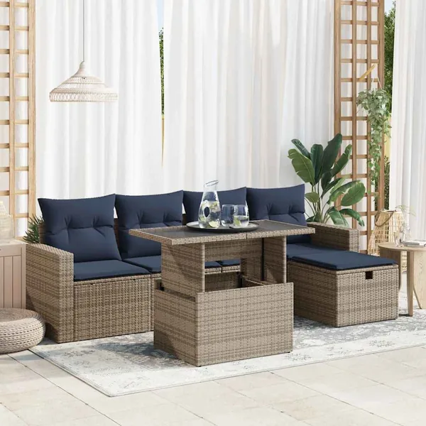 Salon de jardin avec coussins 6pcs gris résine tressée