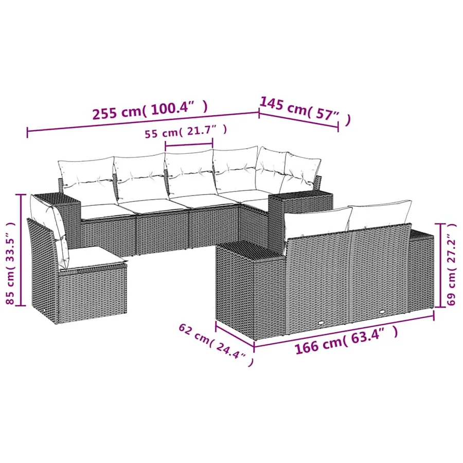 Ensemble de canapé de jardin 8 pcs avec coussins gris résine tressée - 7