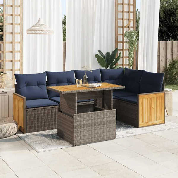 Salon de jardin avec coussins 6 pcs gris résine tressée acacia