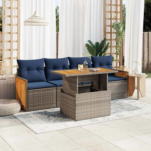 Salon de jardin 5 pcs avec coussins gris résine tressée acacia