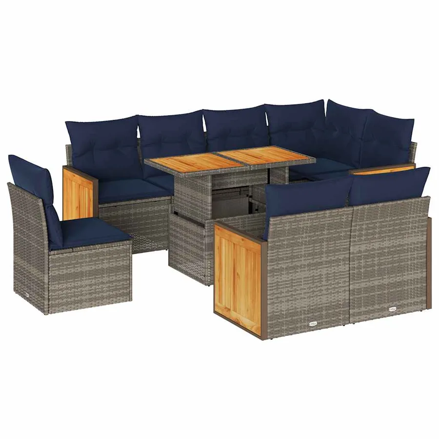 Salon de jardin avec coussins 9 pcs gris résine tressée acacia - 2
